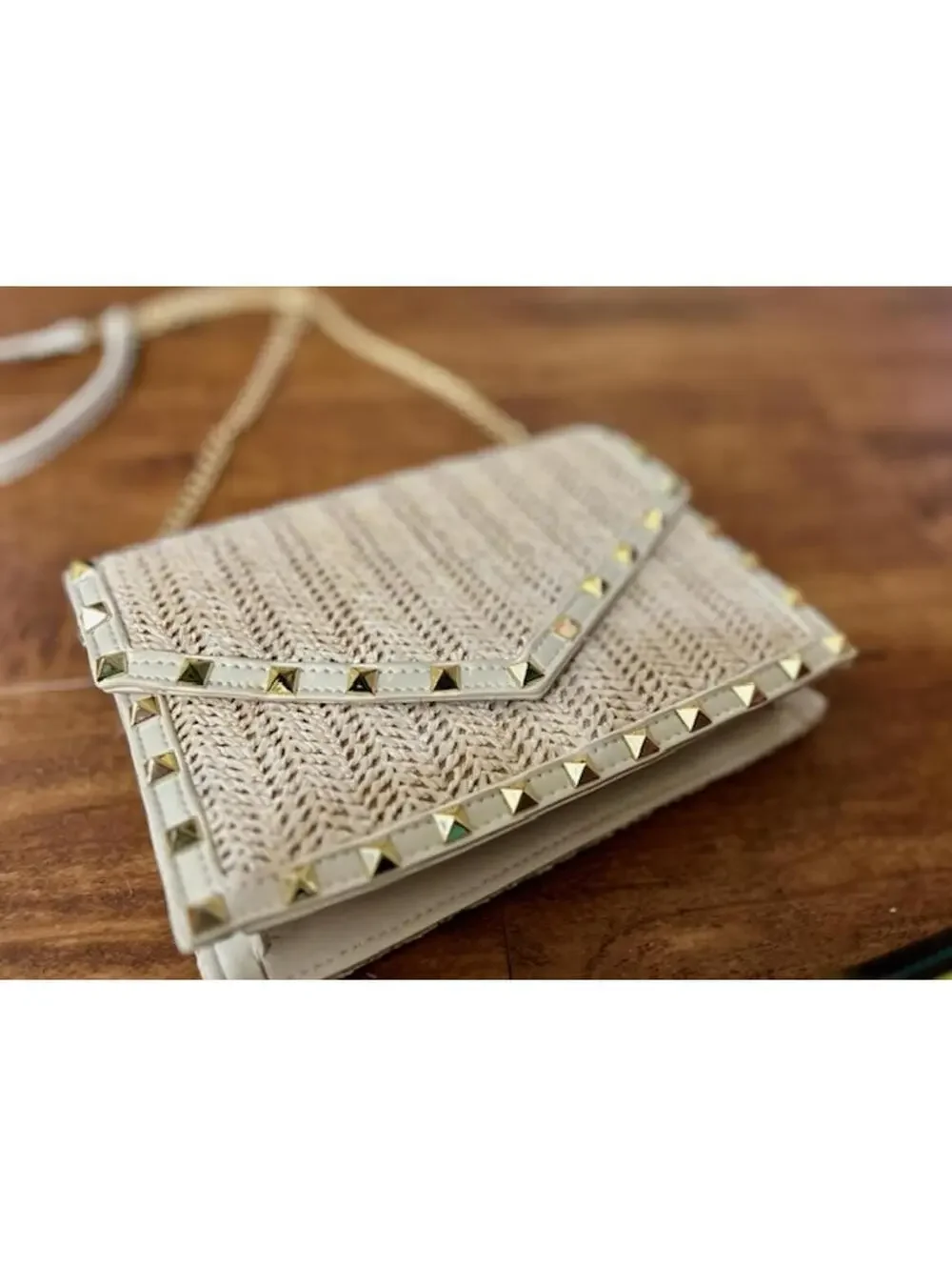 Boutique Studded Straw Crossbody Bag with Gold Chain